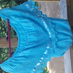 Boho Hippy Aqua Blue Lace embroidered Off-shoulder top Sz 2X